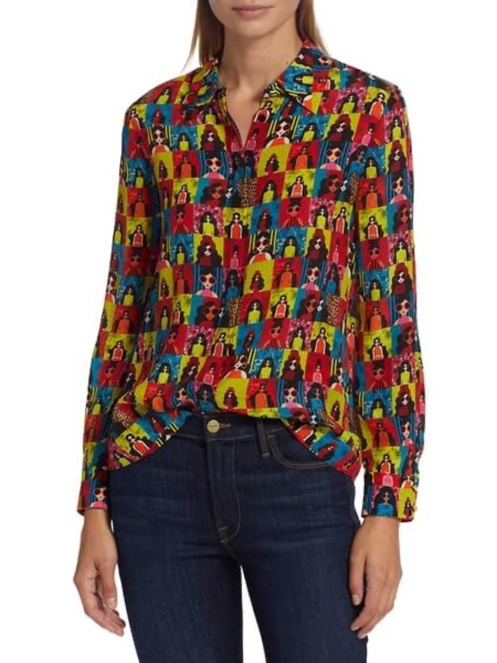 Alice + Olivia Willa Checkered Graphic Shirt Silk Blouse Stace Of The World S